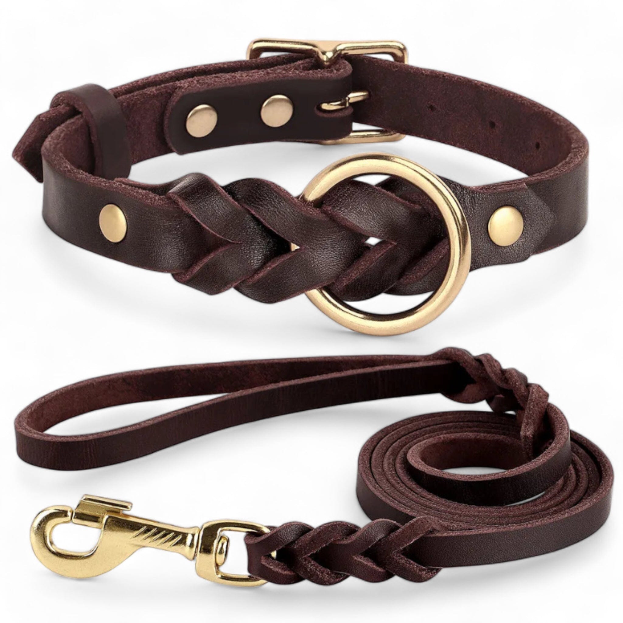 Luxe Paws Braided Leather Set Collar Luxe Pet Store Brown Leash + Collar M 