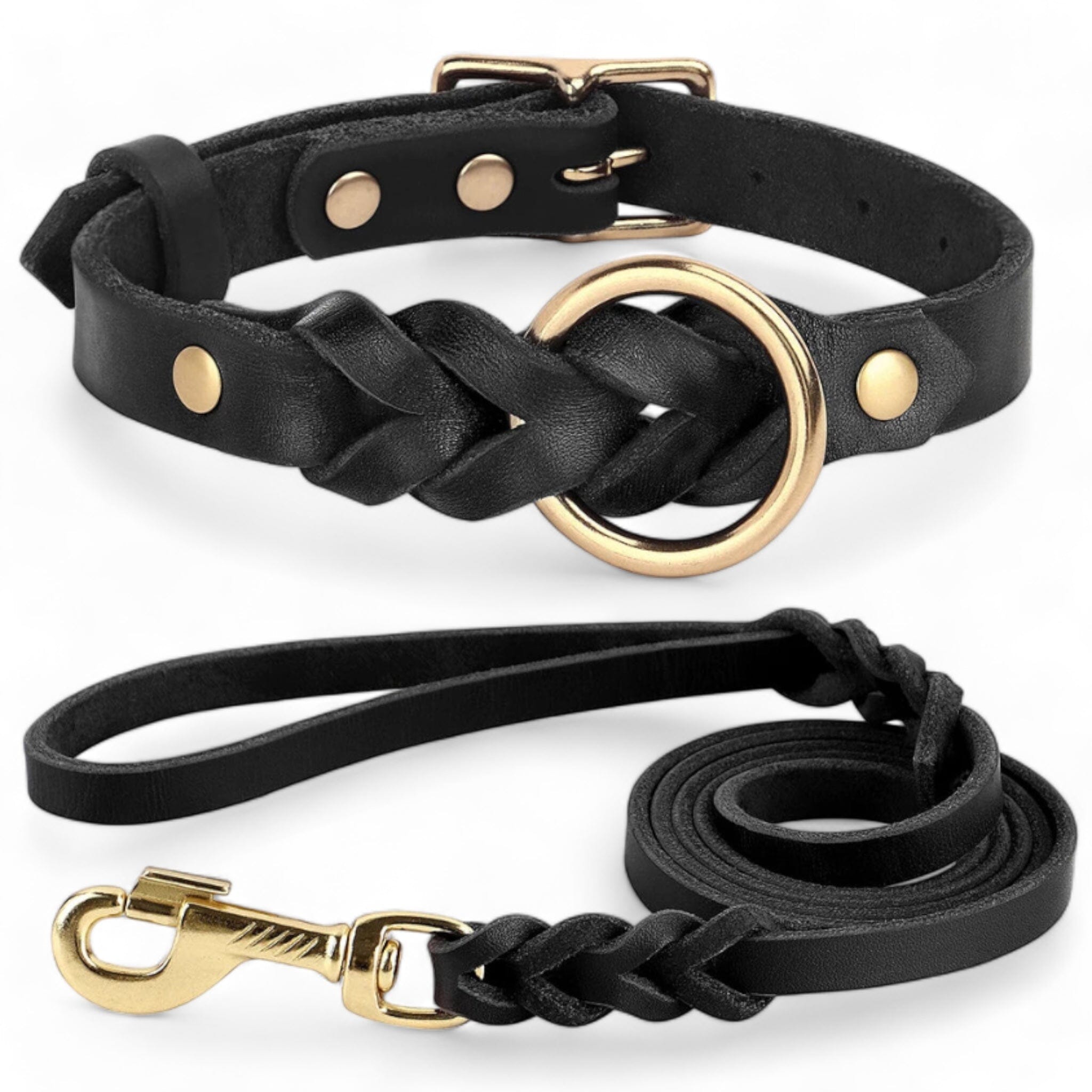 Luxe Paws Braided Leather Set Collar Luxe Pet Store Black Leash + Collar M 