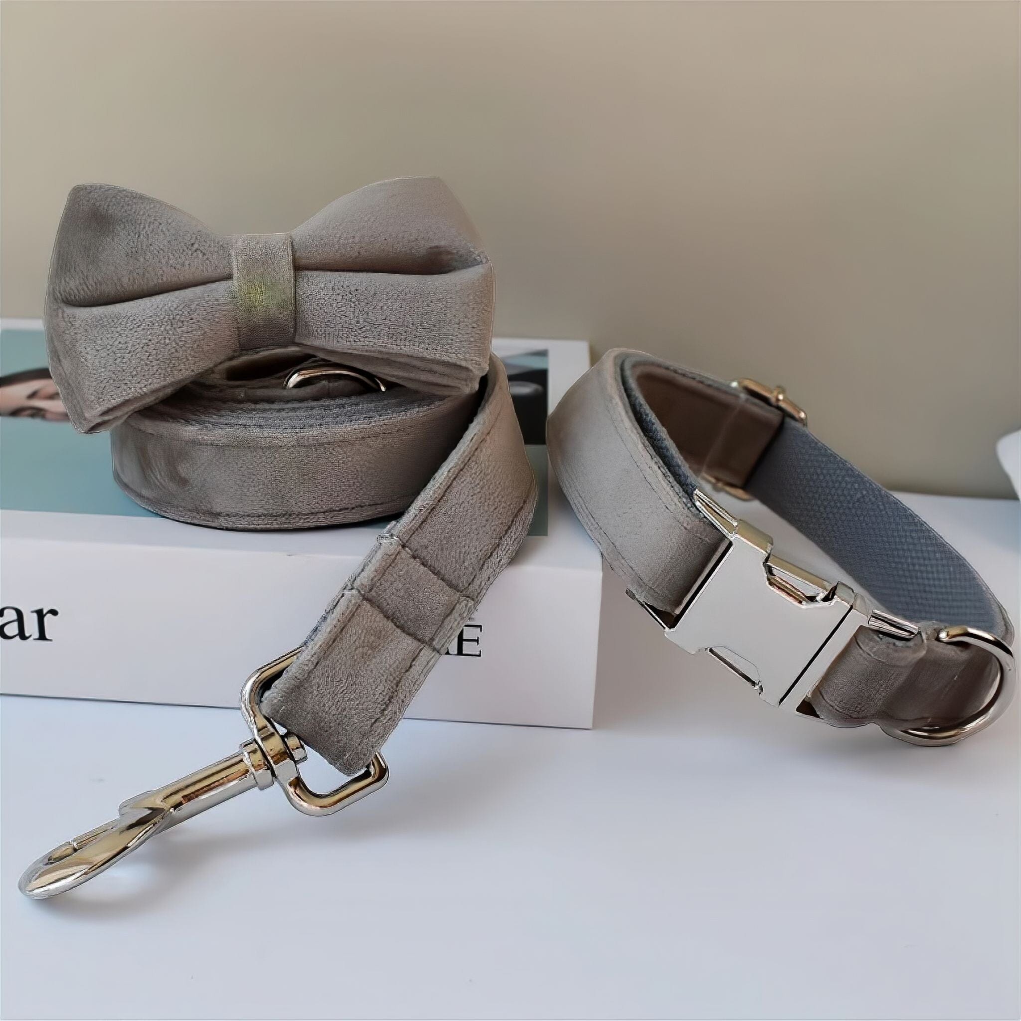 Velvet Collar Set Collar Luxe Pet Store Collar + Leash Set S Grey